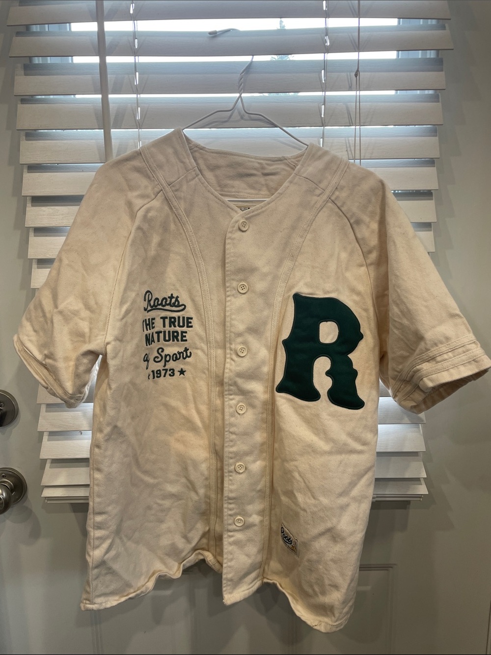 Roots Cream Baseball Jersey with Dark Green 'R' Patch